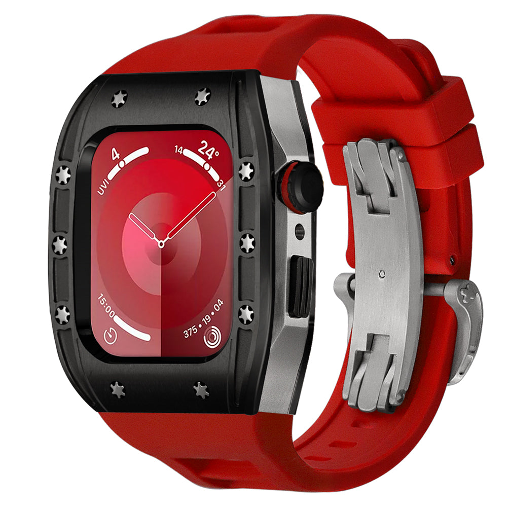 Ken Sailor S3 smartwatch conversion with black bezel, silver mid-body, and crimson strap with deployment clasp.