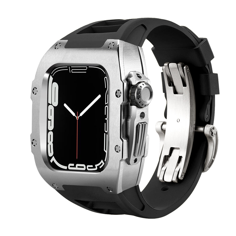 Ken Sailor T Black Silver Apple Watch conversion case with black deployant strap, brushed alloy housing