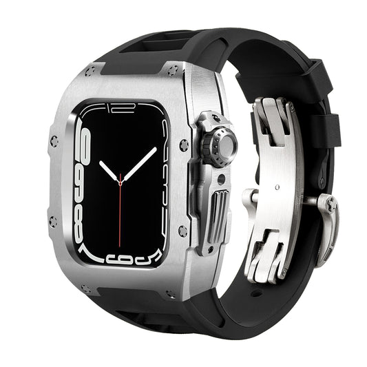 Ken Sailor T Black Silver Apple Watch conversion case with black deployant strap, brushed alloy housing