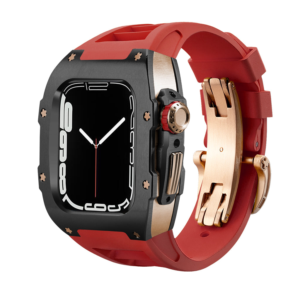 Ken Sailor T Series Apple Watch Ultra case with matte black bezel, rose gold crown hardware, and red silicone band featuring deployment clasp installed on Apple Watch Ultra 49mm for premium luxury smartwatch conversion.
