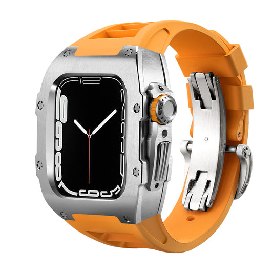Ken Sailor T Series Apple Watch Ultra conversion featuring a brushed silver steel case, orange silicone performance band, and stainless deployment clasp, designed to give the smartwatch a premium sport-luxury mechanical appearance.
