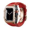 Ken Sailor T Series Apple Watch Ultra conversion kit with brushed rose gold bezel, black reinforced mid-case, red silicone sport band, deployment clasp and luxury aftermarket detailing installed on Apple Watch Ultra 49mm.
