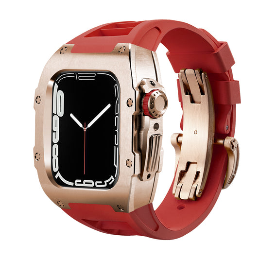High-resolution product image of the Ken Sailor T Series Apple Watch conversion case featuring a brushed rose gold bezel, matching rose deployment clasp, red performance rubber strap, and a mechanical-style crown with red accent. Designed to transform Apple Watch into a sport-lux mechanical-inspired wearable while retaining digital functionality.