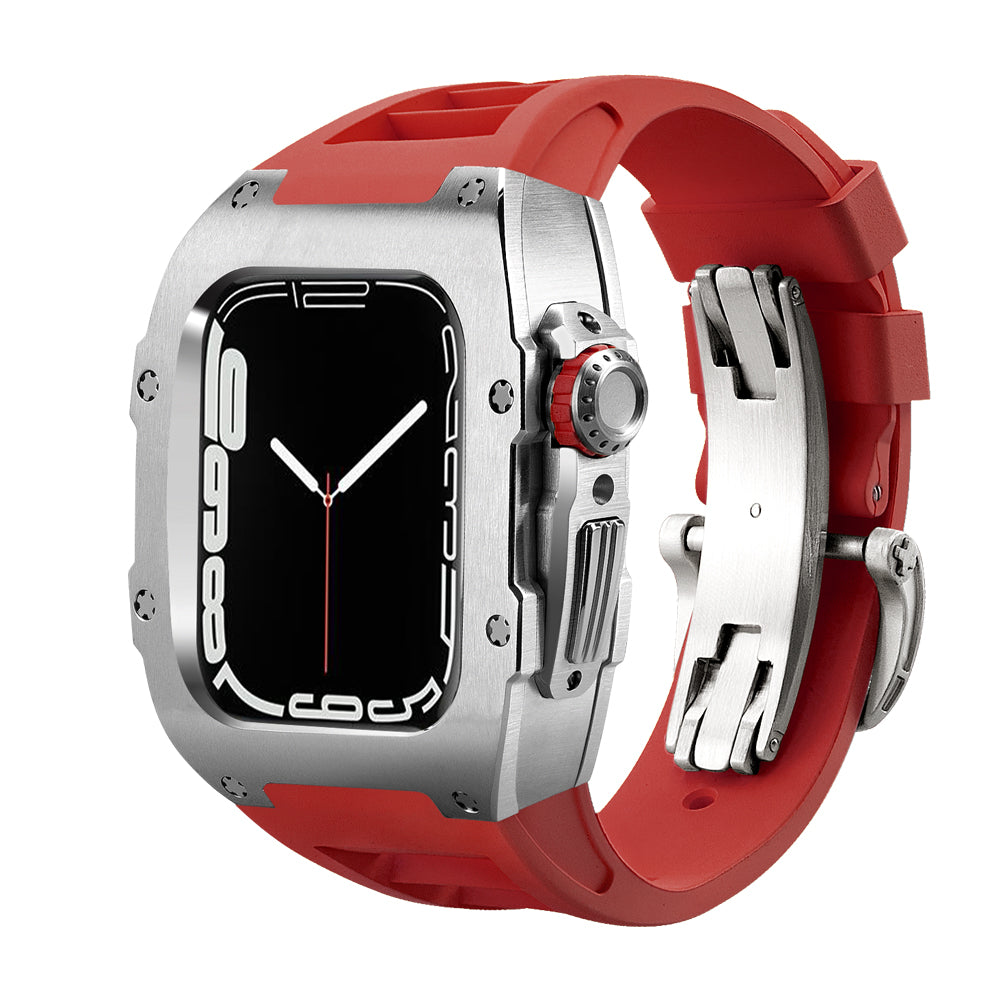 High-detail Ken Sailor T Series Apple Watch conversion case featuring a brushed satin silver bezel, red sport rubber strap, stainless deployment clasp, and matching red crown insert — designed to transform the Apple Watch into a mechanical-inspired luxury sport wearable.