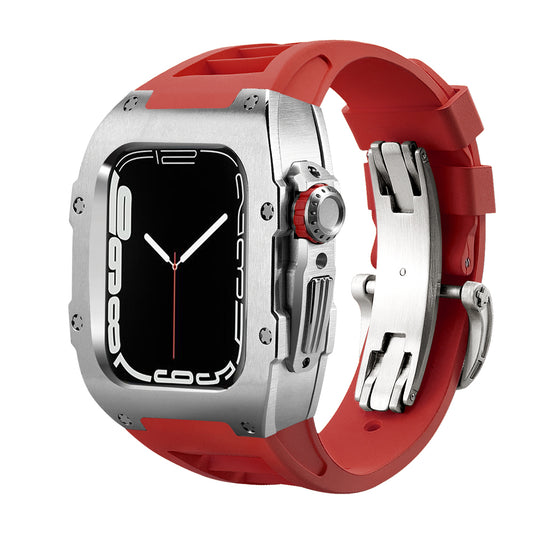 High-detail Ken Sailor T Series Apple Watch conversion case featuring a brushed satin silver bezel, red sport rubber strap, stainless deployment clasp, and matching red crown insert — designed to transform the Apple Watch into a mechanical-inspired luxury sport wearable.