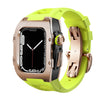 Ken Sailor T Series Apple Watch conversion case in brushed rose gold with black chassis, fluorescent green rubber strap, neon crown insert and matching rose deployment clasp showcasing luxury-sport fusion design for modern wear