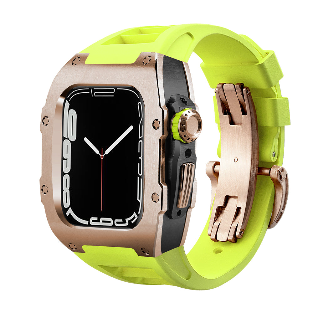 Ken Sailor T Series Apple Watch conversion case in brushed rose gold with black chassis, fluorescent green rubber strap, neon crown insert and matching rose deployment clasp showcasing luxury-sport fusion design for modern wear