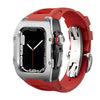 High-resolution product image of the Ken Sailor T Series Apple Watch conversion housing featuring a brushed satin silver bezel, black mid-case section, red performance rubber strap, stainless deployment clasp, and red crown accent. Designed to transform the Apple Watch into a luxury mechanical-inspired sports wearable.