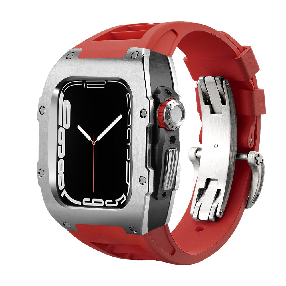 High-resolution product image of the Ken Sailor T Series Apple Watch conversion housing featuring a brushed satin silver bezel, black mid-case section, red performance rubber strap, stainless deployment clasp, and red crown accent. Designed to transform the Apple Watch into a luxury mechanical-inspired sports wearable.