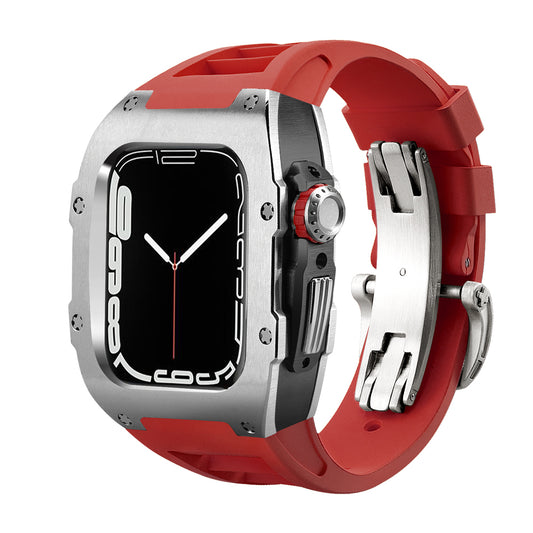 High-resolution product image of the Ken Sailor T Series Apple Watch conversion housing featuring a brushed satin silver bezel, black mid-case section, red performance rubber strap, stainless deployment clasp, and red crown accent. Designed to transform the Apple Watch into a luxury mechanical-inspired sports wearable.