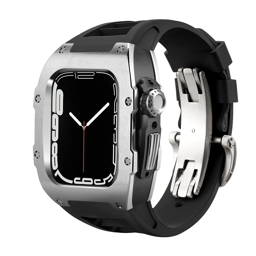 Ken Sailor T Series Black Silver smartwatch chassis for Apple Watch featuring a brushed stainless steel case, black performance rubber strap, precision-machined side crown, fold-lock stainless clasp and industrial motorsport aesthetic — designed for Apple Ultra and standard watch models.
