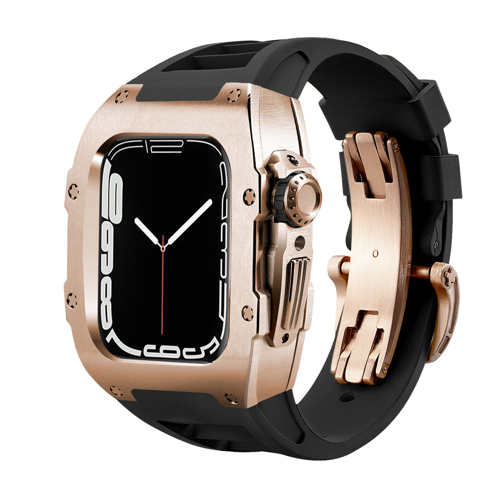 Ken Sailor T Series Rose Gold case for Apple Watch featuring brushed aerospace alloy housing, black performance rubber strap, mechanical folding clasp, motorsport-inspired industrial design and precision button integration for Ultra and Series models.