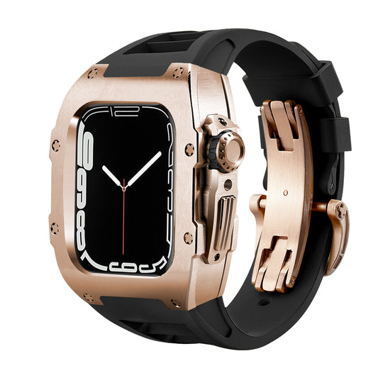 Ken Sailor T Series Rose Gold case for Apple Watch featuring brushed aerospace alloy housing, black performance rubber strap, mechanical folding clasp, motorsport-inspired industrial design and precision button integration for Ultra and Series models.