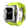 Ken Sailor T Series Silver/Black Fluo Green Apple Watch conversion case featuring dual-tone chassis, neon green rubber sport strap, matching neon crown detail and stainless deployment clasp for a premium performance-luxury aesthetic
