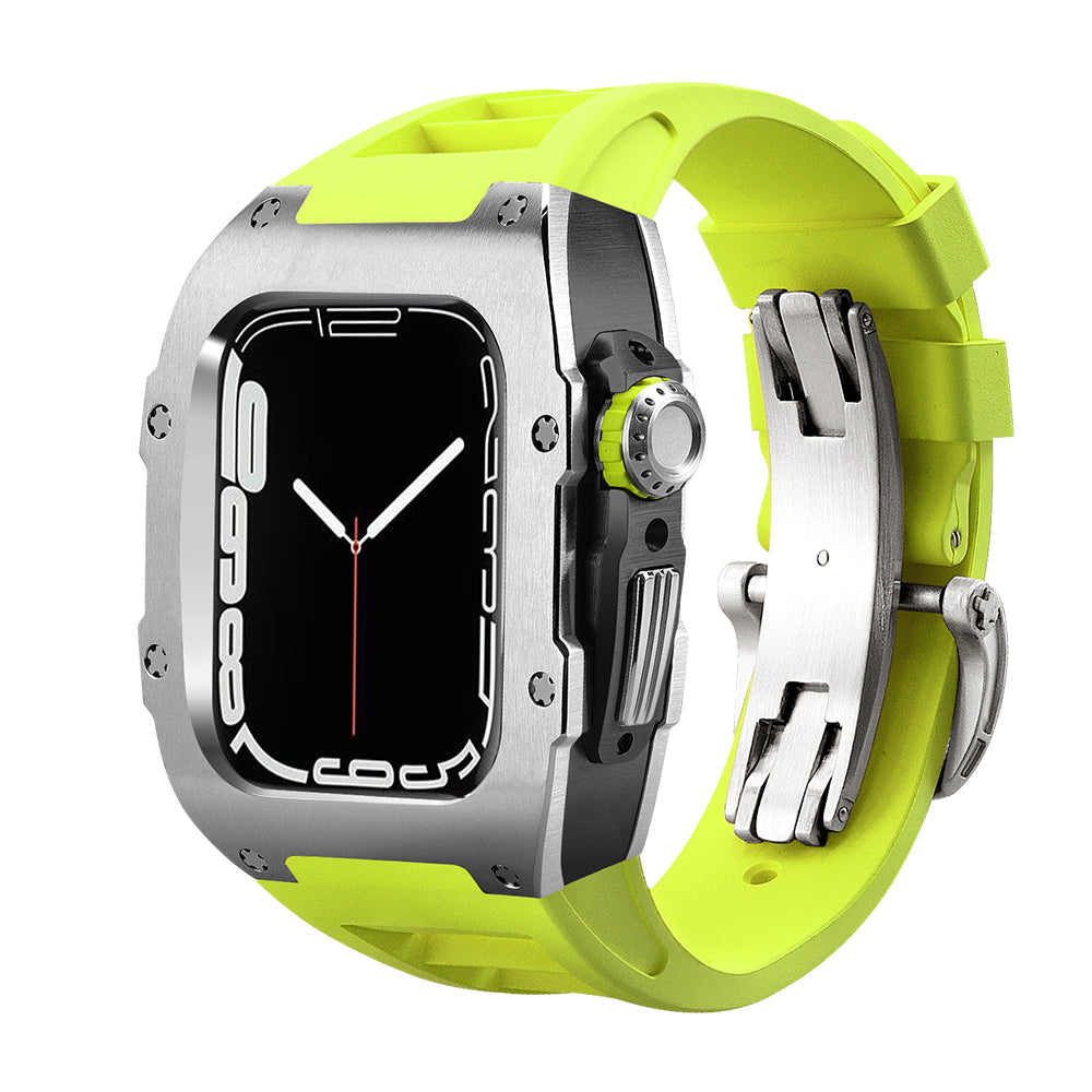 Ken Sailor T Series Silver/Black Fluo Green Apple Watch conversion case featuring dual-tone chassis, neon green rubber sport strap, matching neon crown detail and stainless deployment clasp for a premium performance-luxury aesthetic