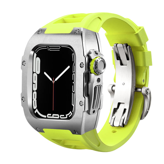 Ken Sailor T Series Silver Fluo Green conversion case for Apple Watch featuring brushed silver metal housing, neon green sport rubber strap, matching green crown bezel, stainless deployment clasp and sporty modern luxury styling