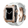 Ken Sailor T Series conversion case for Apple Watch Ultra featuring brushed rose bezel, black mid-case, and white silicone performance strap with matching deployment clasp, designed to create a luxury mechanical watch aesthetic while retaining full Apple functionality.
