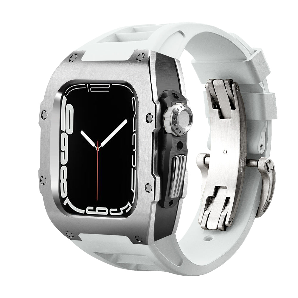 Ken Sailor T Series dual-tone case for Apple Watch Ultra featuring brushed silver top case with black inner shell and stainless deployment clasp paired with white silicone performance band for a luxury watch conversion appearance.
