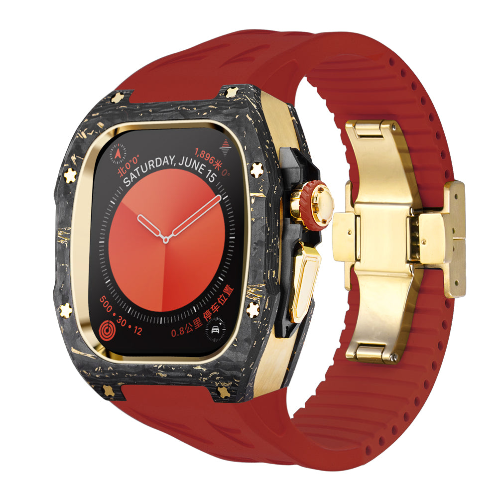 forged carbon apple watch ultra case with gold hardware and red strap luxury conversion kit