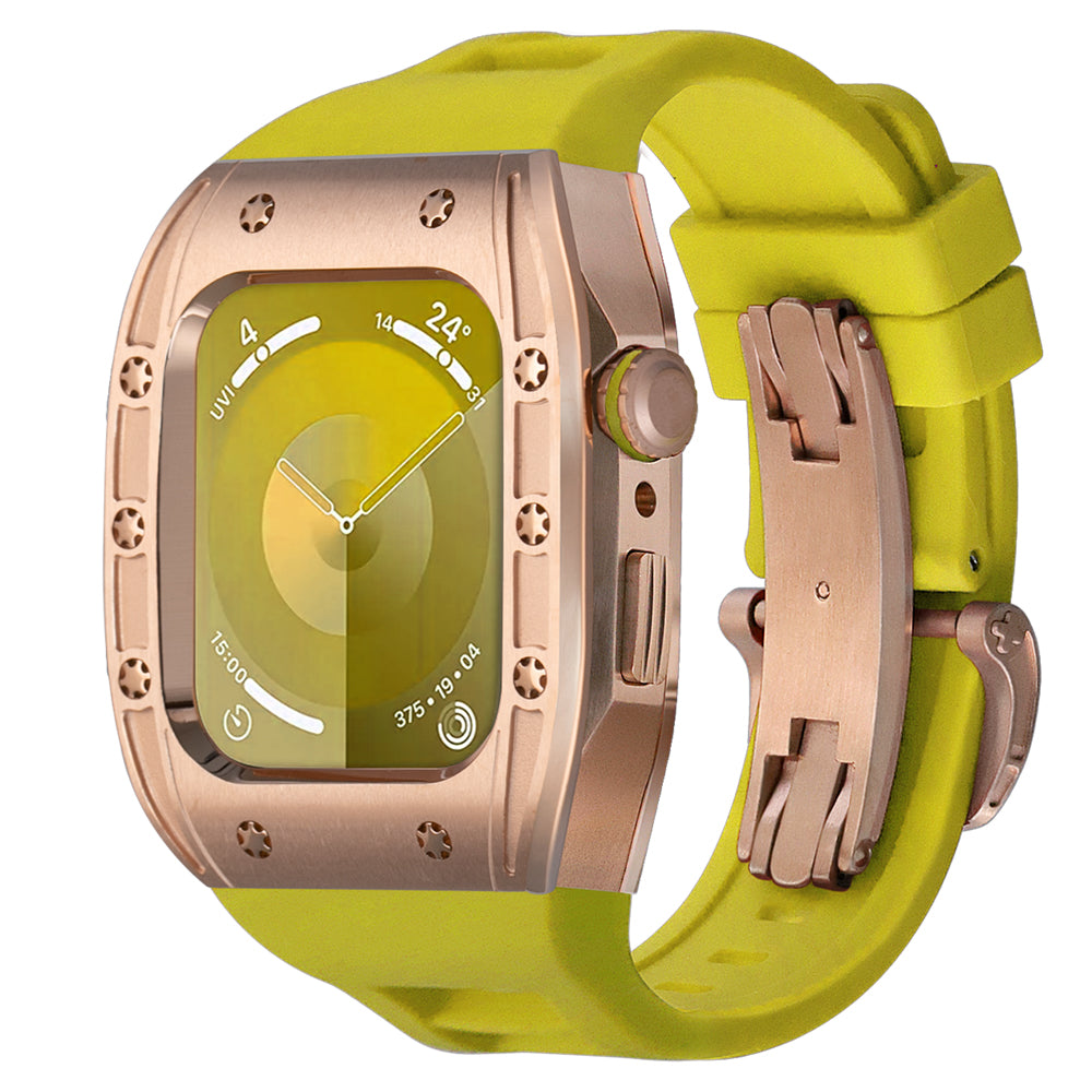 Rose gold aluminum alloy smartwatch protective case with yellow silicone sport band and stainless steel clasp, shown as Ken Sailor S3 Rose Gold Case Yellow Band for Apple Watch Ultra with luxury protective housing.