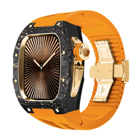 Side view of Ken Sailor CF-G Orange forged carbon Apple Watch conversion with gold hardware and solar orange strap, deployant clasp, luxury sports styling.