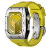 Two-tone aluminum alloy smartwatch protective case featuring silver bezel, black mid-frame, and yellow silicone sport band with stainless steel clasp, displayed as Ken Sailor S3 Silver Bezel Black Case Yellow Band for Apple Watch Ultra.