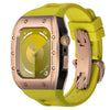 Two-tone rose gold bezel and black aluminum alloy protective smartwatch case with yellow silicone sport strap and stainless steel hardware, shown as Ken Sailor S3 Rose Gold Bezel Black Body Yellow Band for Apple Watch Ultra.