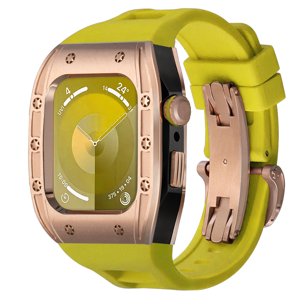 Two-tone rose gold bezel and black aluminum alloy protective smartwatch case with yellow silicone sport strap and stainless steel hardware, shown as Ken Sailor S3 Rose Gold Bezel Black Body Yellow Band for Apple Watch Ultra.