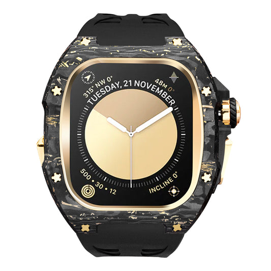 Upgrade your Apple Watch into a forged-carbon luxury timepiece. The Ken Sailor CF-G Black features carbon composite, gold accents, and a performance deployant strap engineered for high-end daily wear.