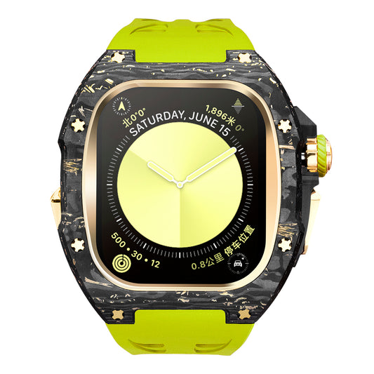forged carbon apple watch case with gold hardware and fluorescent green silicone strap, front view luxury apple watch ultra conversion kit showing dial and forged carbon bezel with gold screws for ecommerce listing